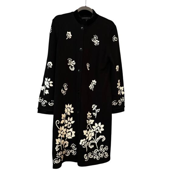 Vintage Josephine Chaus Cardigan Jacket L Black Long Embroidered Velvet Trim - Picture 3 of 16